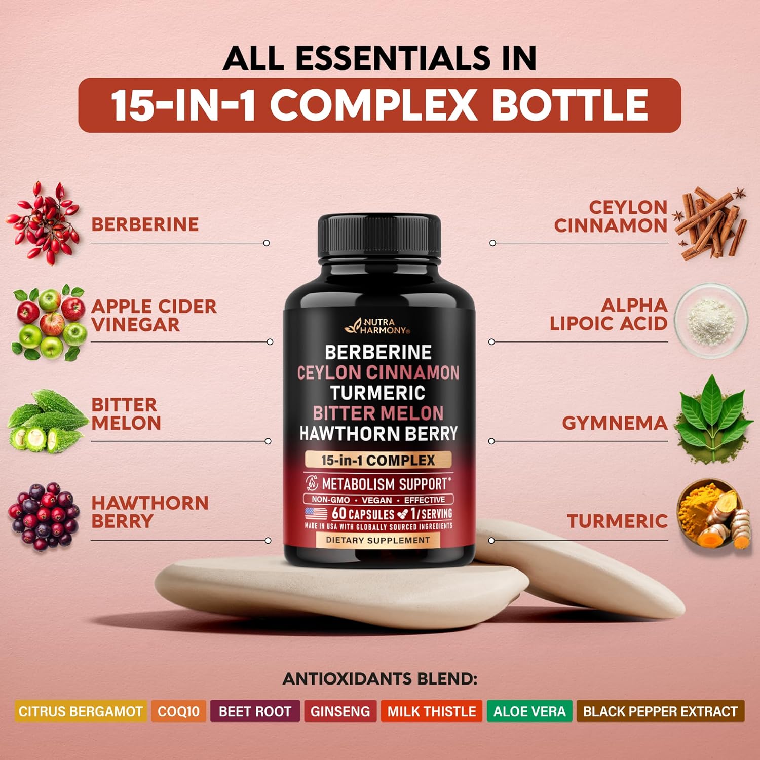 Detalle 1 de NUTRAHARMONY NH-BRBRNCPS60 Berberine Capsules with Ceylon Cinnamon, 60 Count