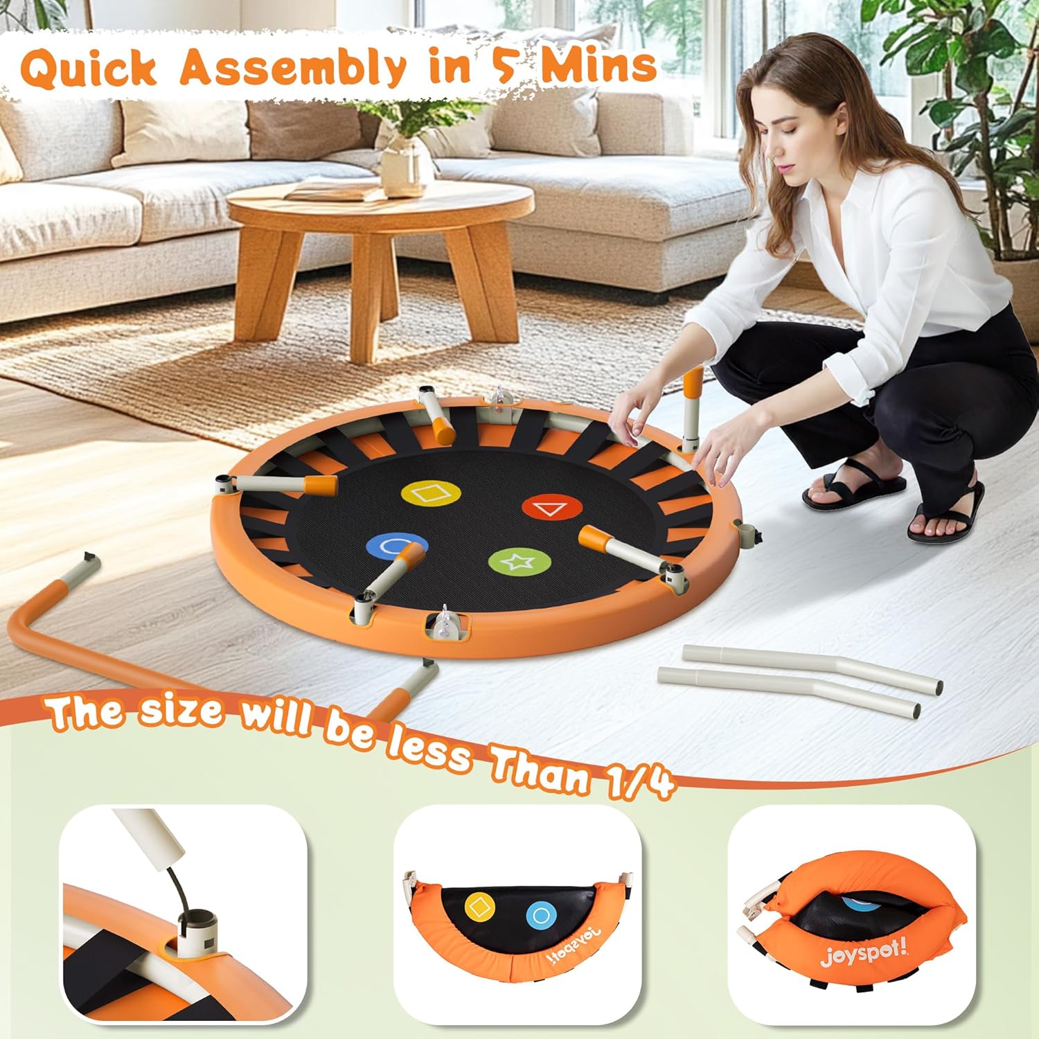 Thumbnail 3 de 3FT Toddler Trampoline with Adjustable Handlebar (36" Foldable & Spring-Free) — Noiseless Mini Jump Mat for Ages 1–6