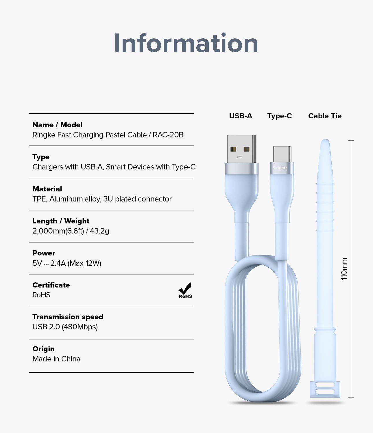 Thumbnail 6 de Ringke Fast Charging Pastel Cable 2M – USB C to USB A, 12W, Blue