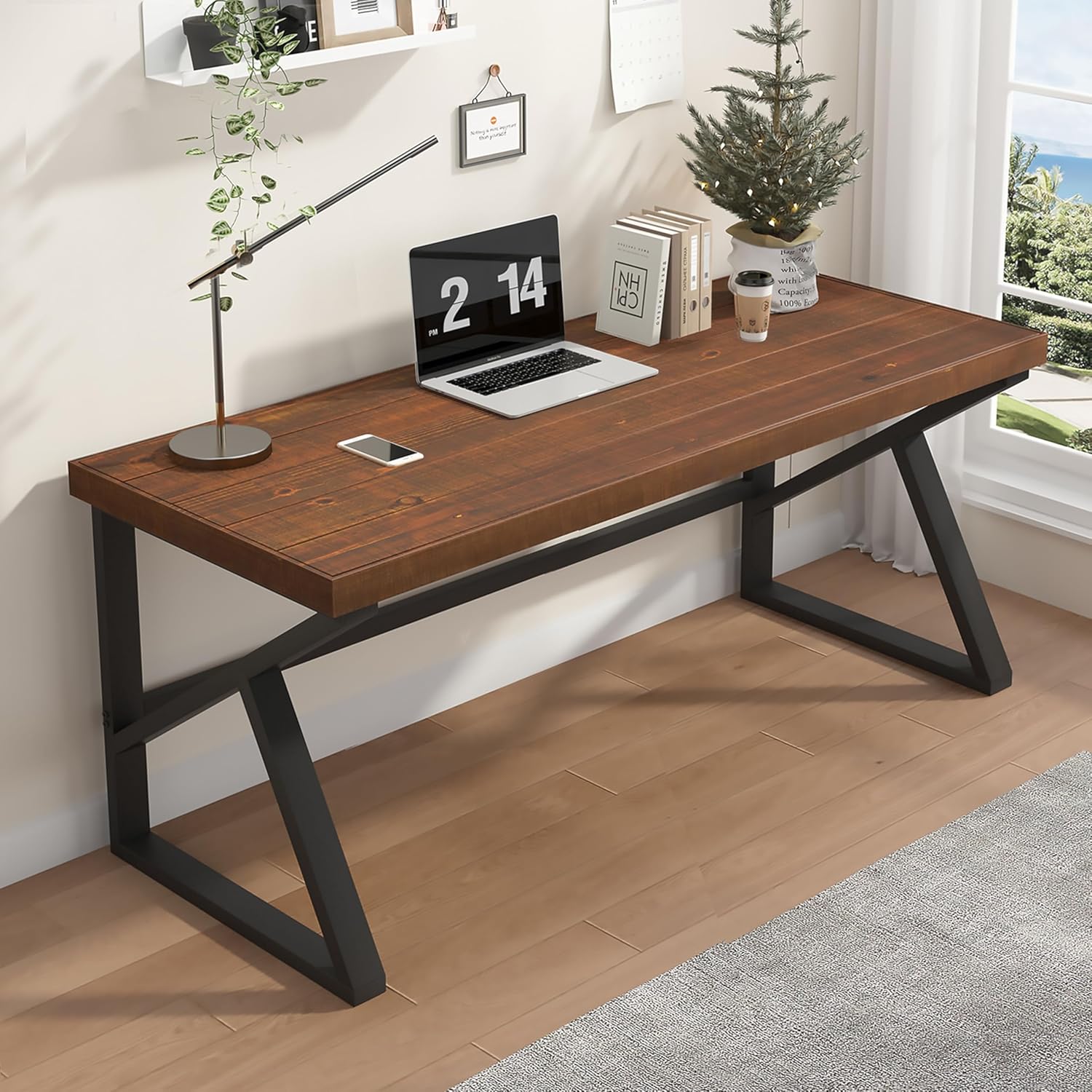 Thumbnail 4 de IBF scrivania in legno massello lungo in vero legno marrone, per PC e workstation, stile vintage/industriale