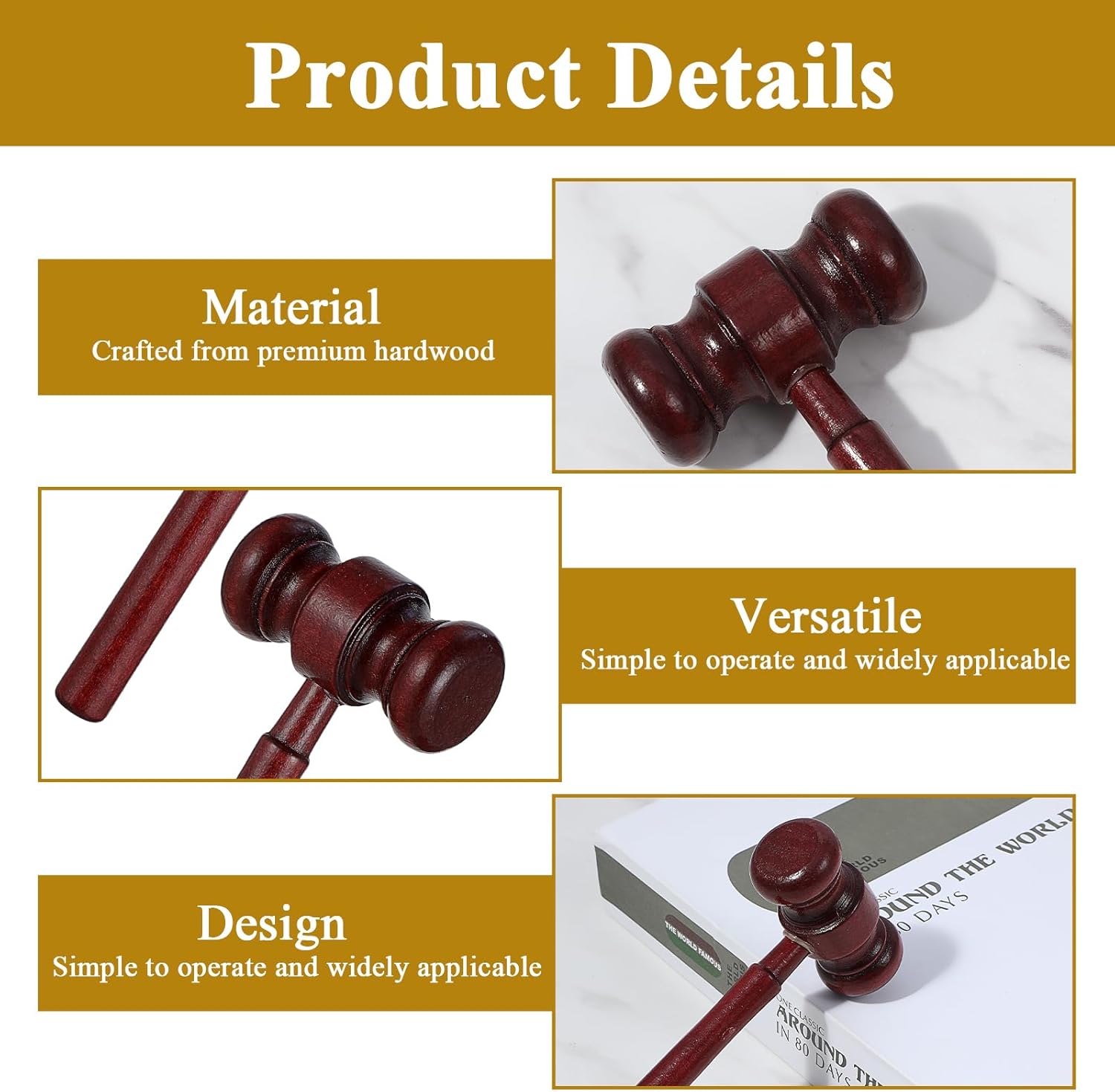 Detalle de Gavel and Block Set (Walnut Judge Gavel) wooden judge hammer and block for court, auctions and meetings