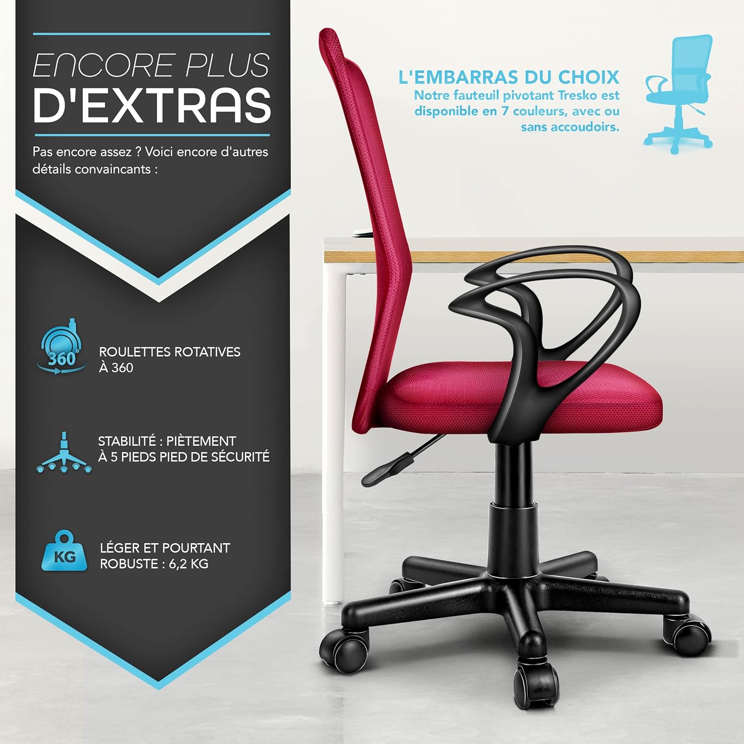 Thumbnail 6 de TRESKO Chaise fauteuil de bureau ergonomique avec accoudoirs et dossier respirant, hauteur d’assise ajustable 32 à 45 cm