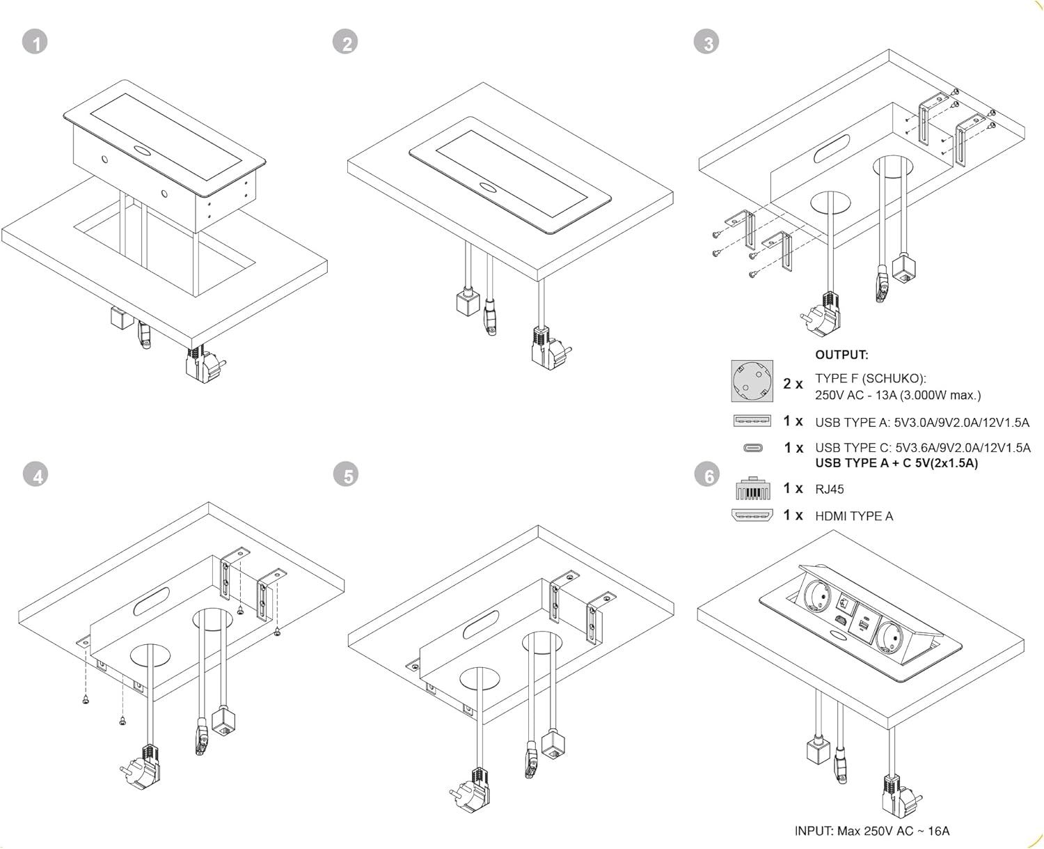 Thumbnail 6 de Emuca Ausziehbare Vielfachsteckerleiste für Tischintegration – USB, RJ45, HDMI, 2 Schuko, 225×111 mm Einbau