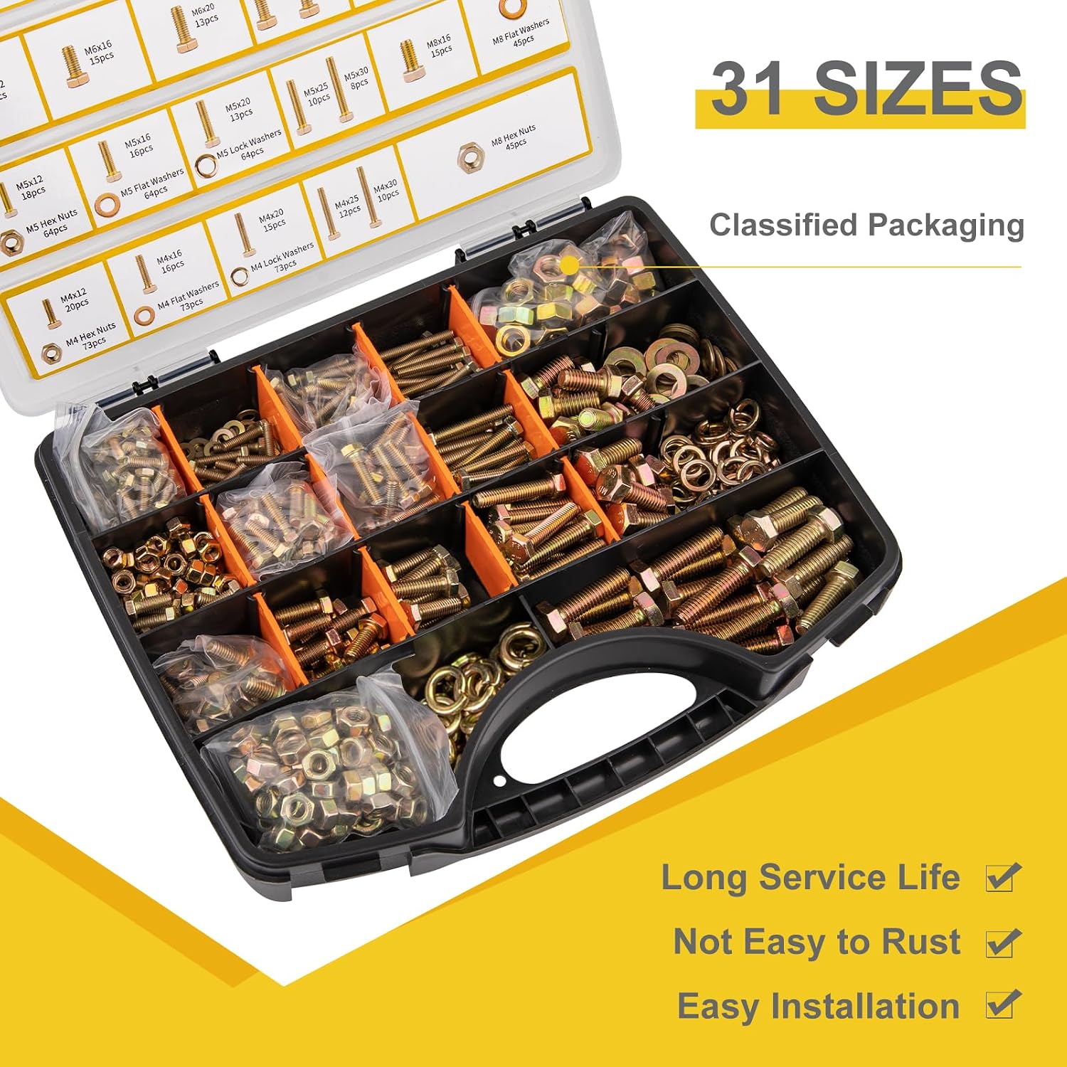 Thumbnail 2 de booborny BNW-988 Metric Bolt Assortment, Grade 8.8, M4–M8, Yellow Zinc