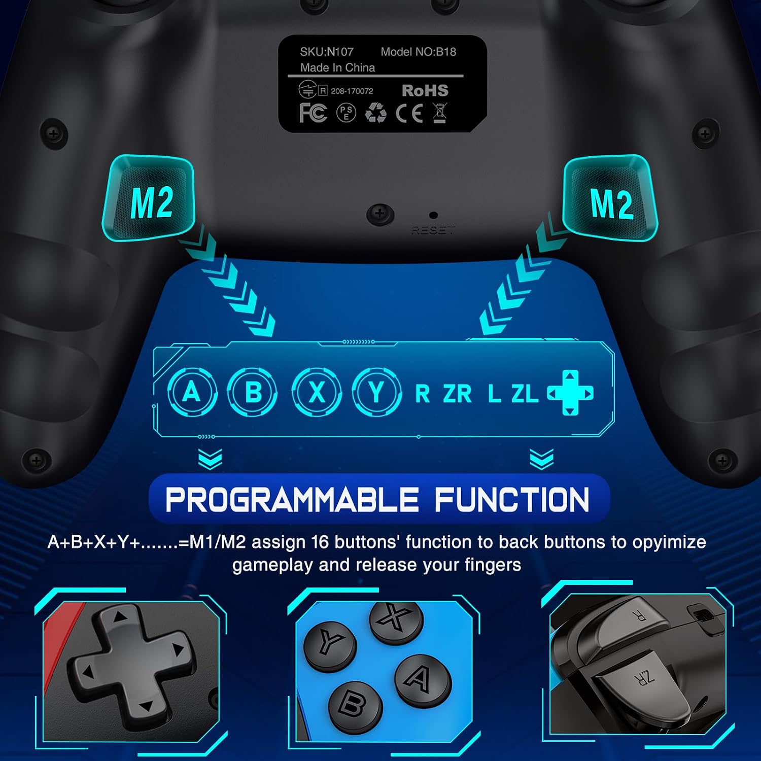 Detalle de 2pcs Wireless Switch Controllers with Stands – Pro Controller Style, Turbo, Back Buttons & 1000mAh Battery