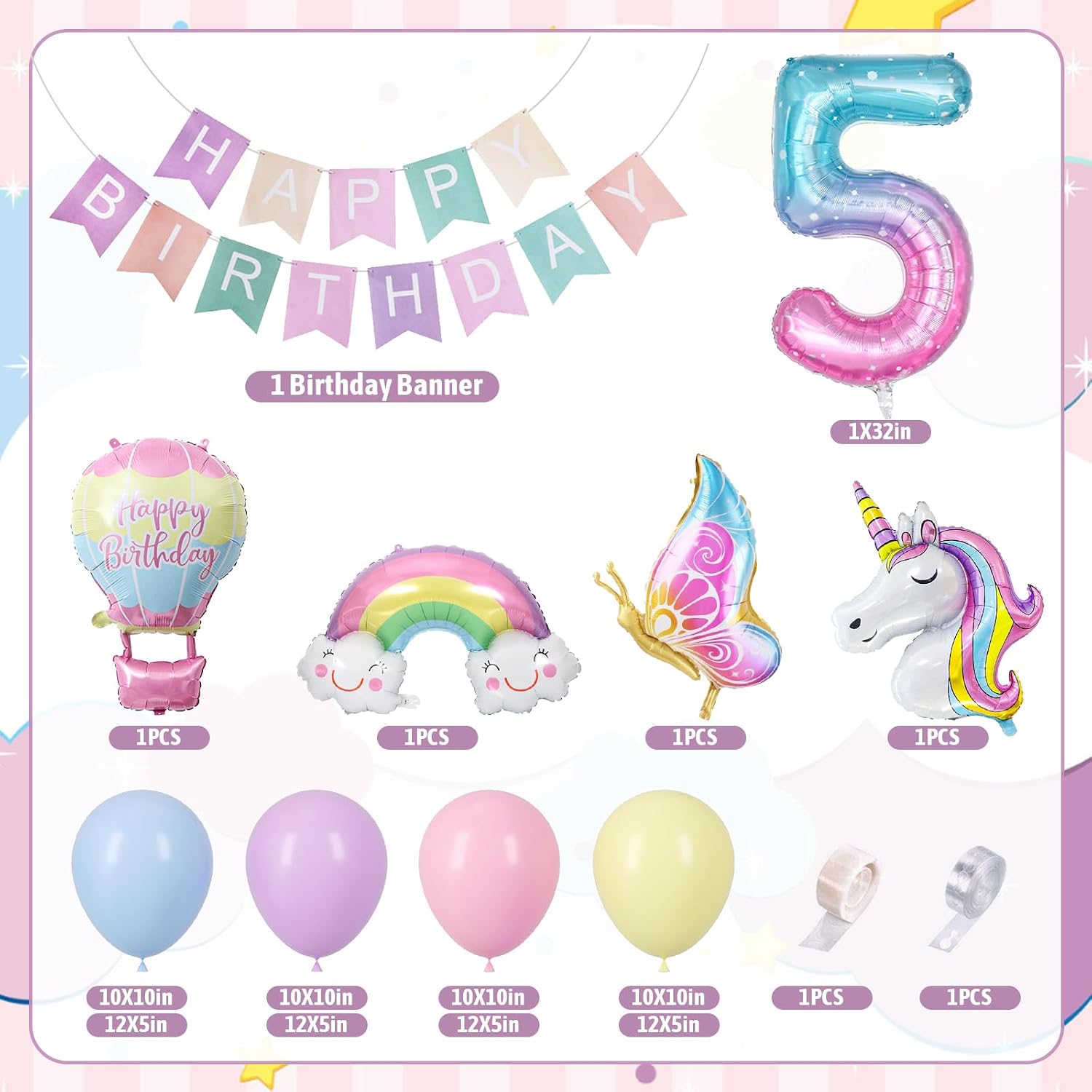 Detalle 2 de YEJIKJ Unicorn Balloons 5th Birthday Decorations – 96-Piece Unicorn Party Kit