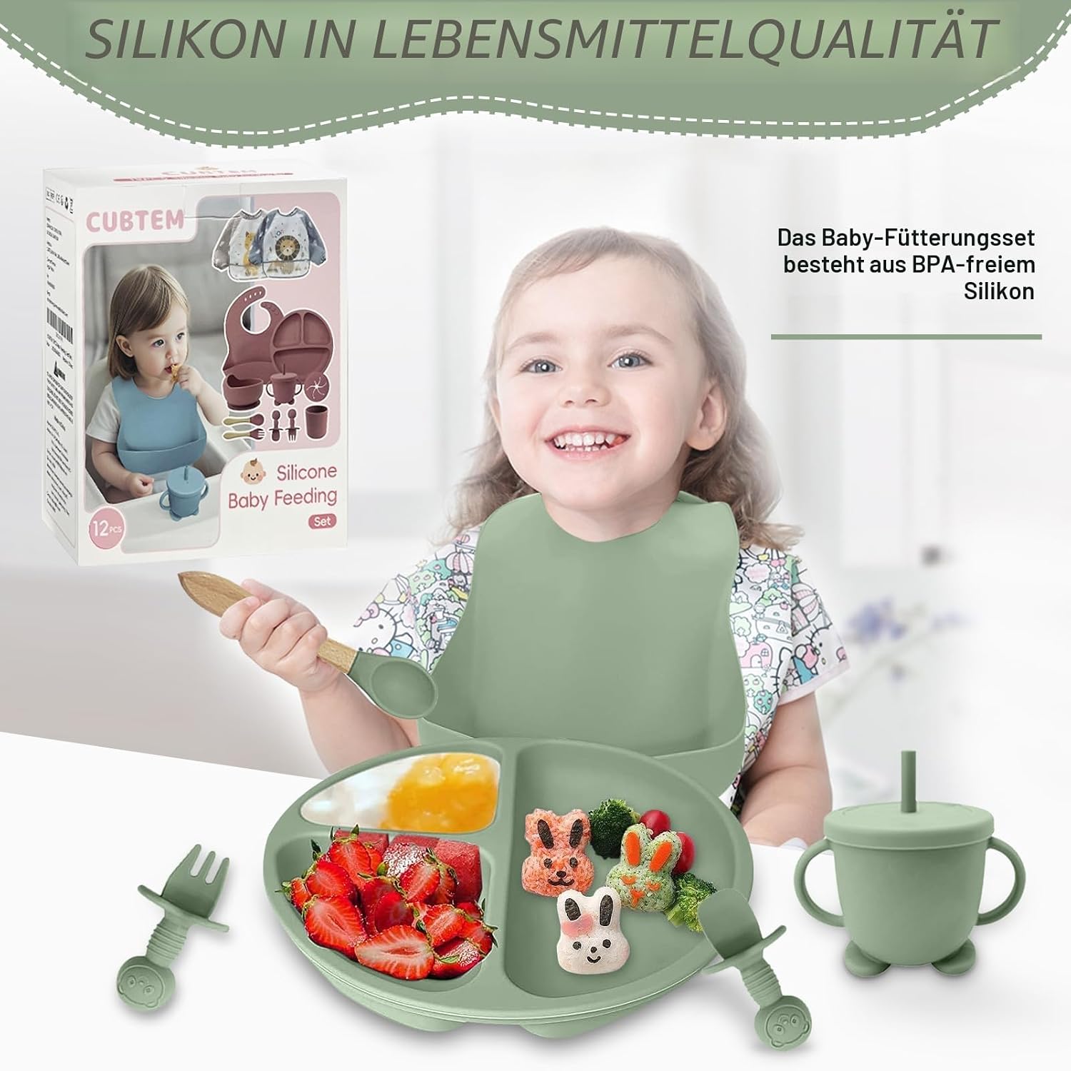 Thumbnail 1 de CUBTEM Baby Geschirrset (12-teilig) – Kindergeschirr mit Babylöffel, Trinklernbecher, Saugnapf & Silikon-Lätzchen