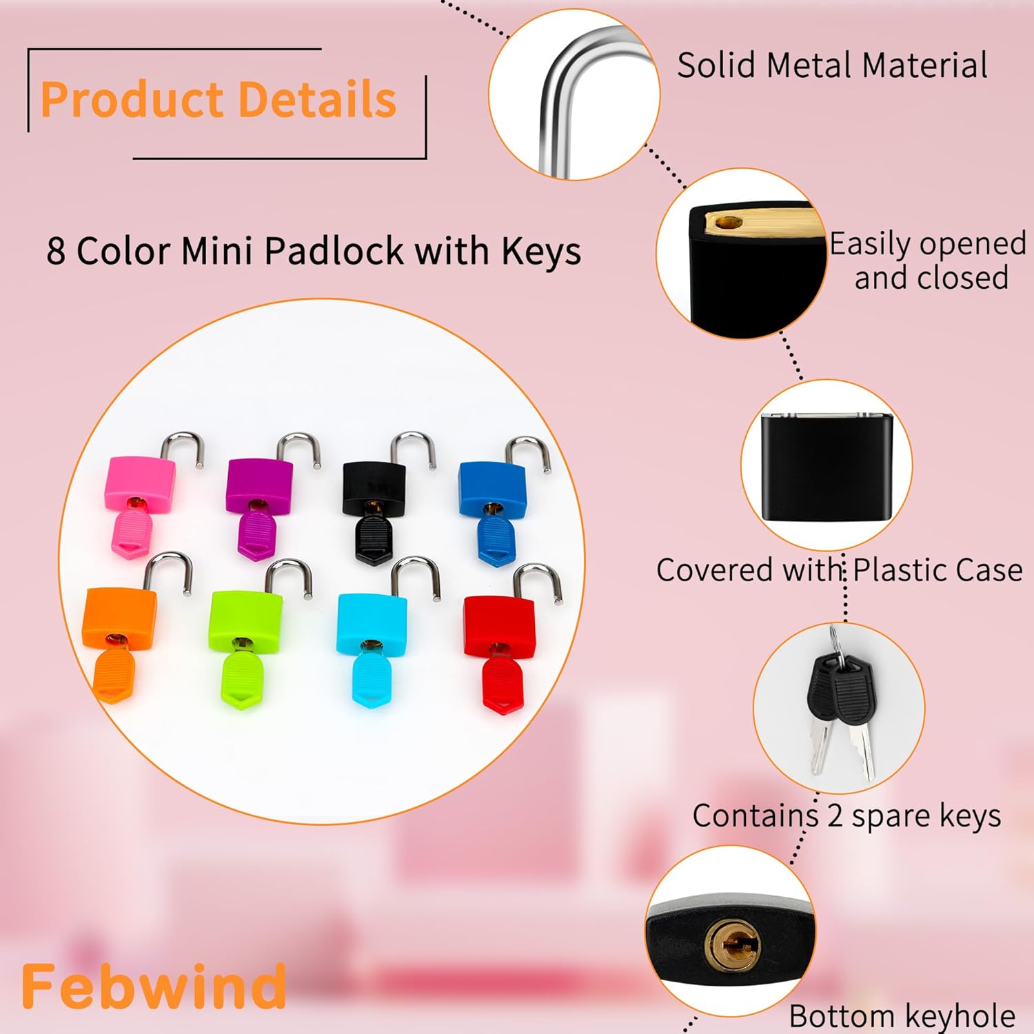 Detalle de 8 Pcs Suitcase Locks with Copper Keys – Multicolour Mini Padlocks for Bags, Suitcases and Laptops