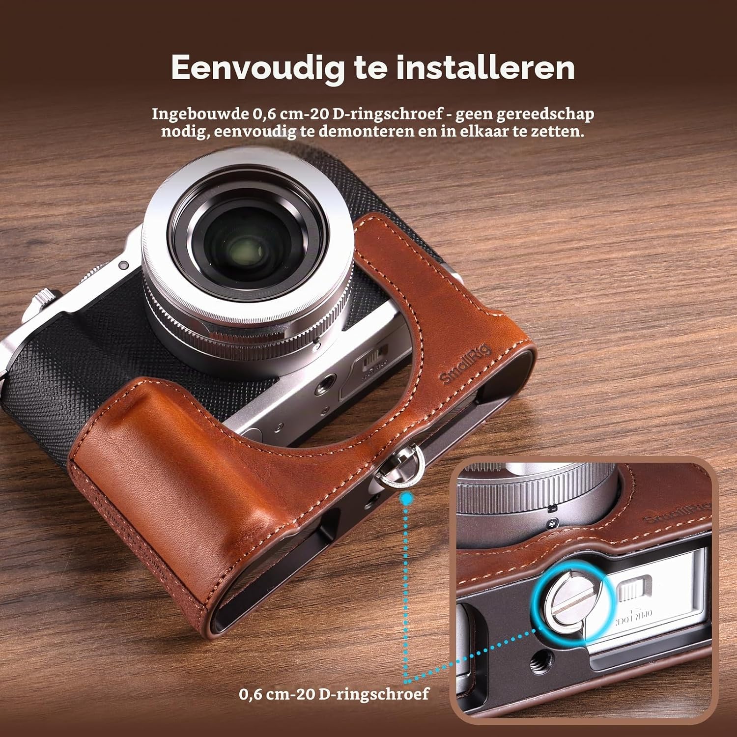 Detalle de SMALLRIG 5699 leren halfcase voor Panasonic LUMIX L10 met grip, bruin