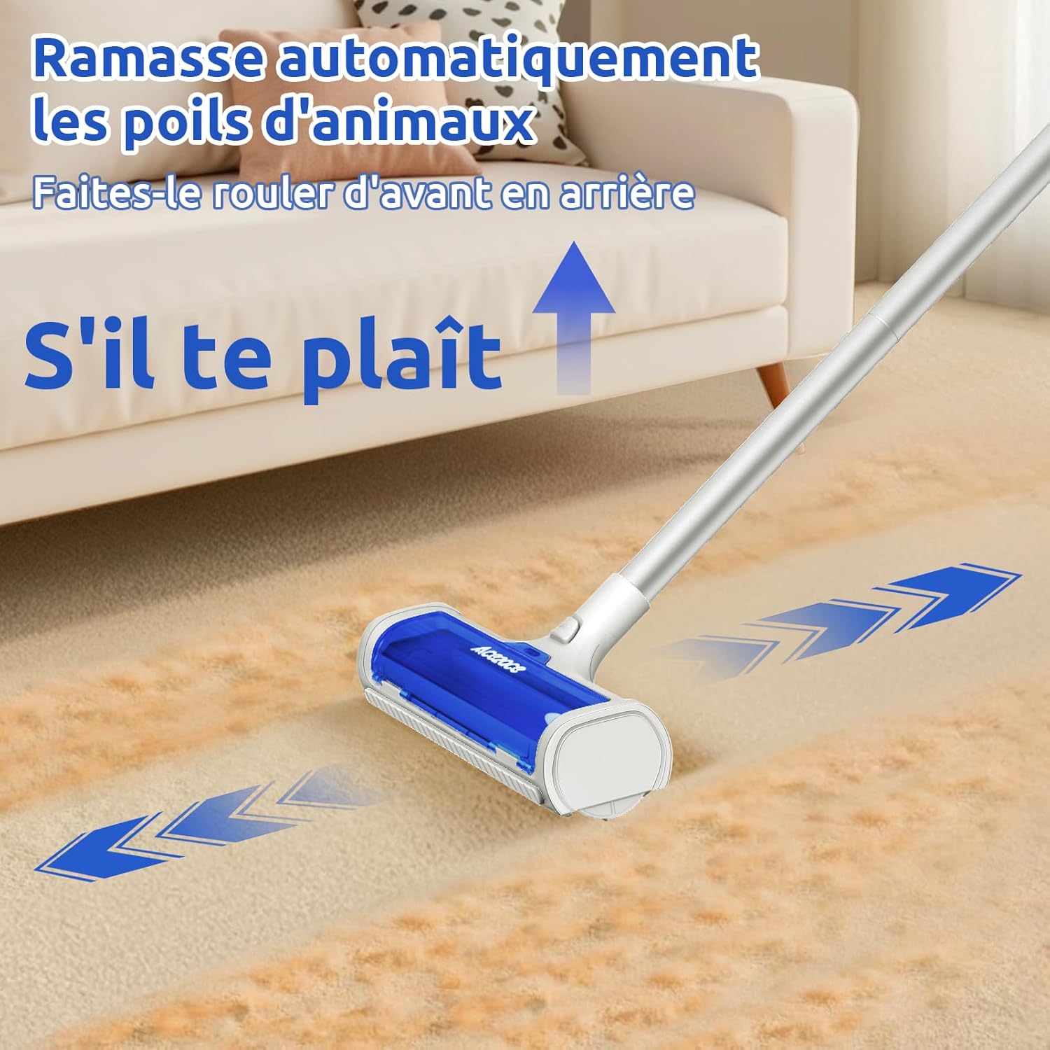 Thumbnail 1 de ACE2ACE Brosse Tapis anti-poils pour tapis et carpettes, manche réglable jusqu’à 1,5 m (bleu)