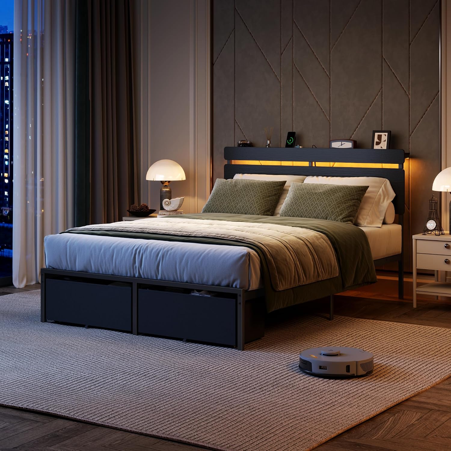 Detalle de Forestell Full Size Bed Frame with Wood Headboard, Storage, RGB LEDs and USB-C