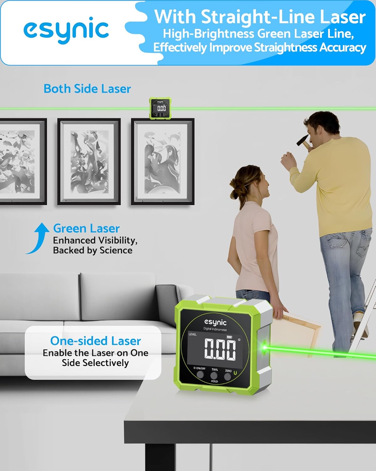 Detalle de eSynic Digital Angle Finder with Green Laser – 4-Sided Magnetic Inclinometer