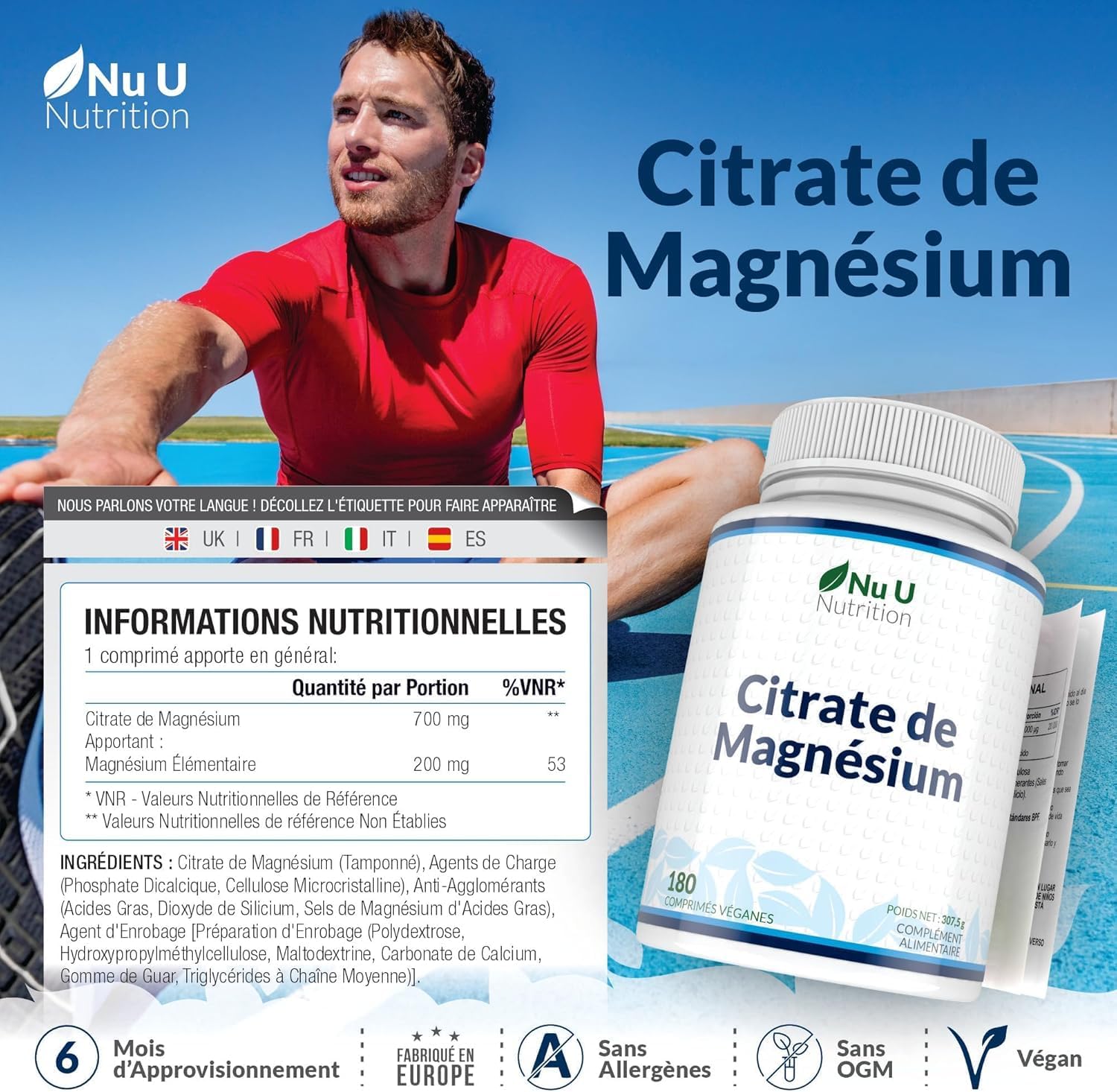 Thumbnail 1 de Citrate de magnésium 700 mg (200 mg de magnésium élémentaire) – 180 comprimés vegan – Nu U Nutrition
