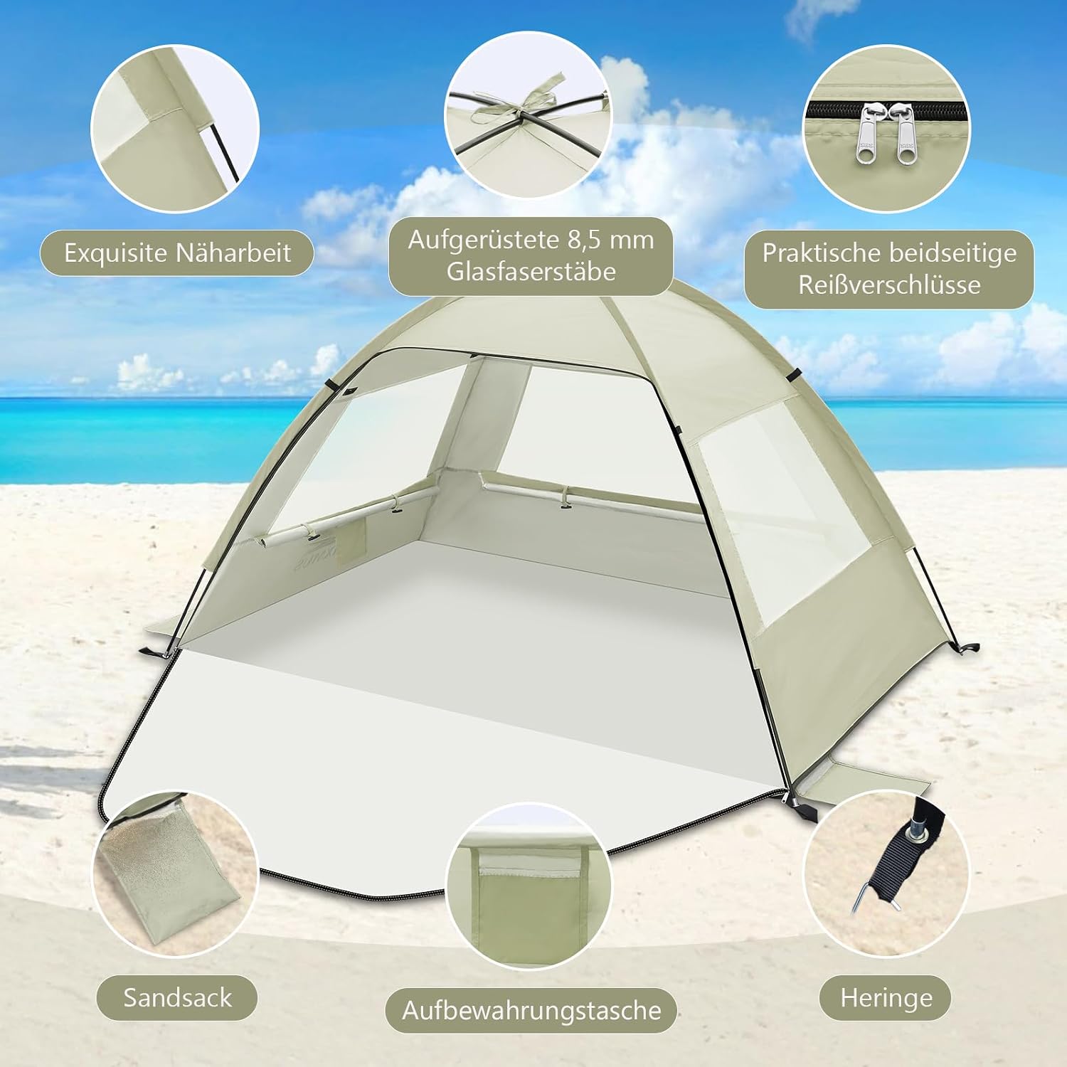 Detalle de Strandmuschel für 2–4 Personen – Strandzelt mit UV-Schutz 50+ und Windschutz