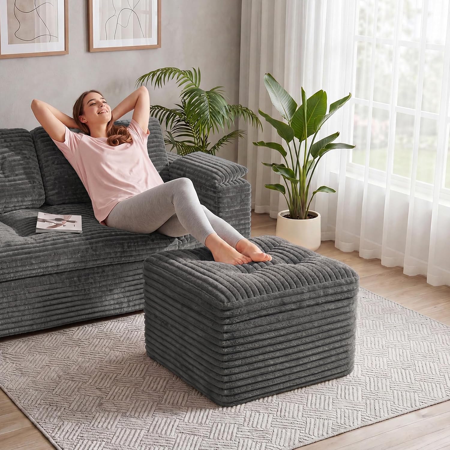 Thumbnail 6 de Fabulcozy 23.6in Corduroy Pouf Ottoman — Dual-Layer Comfort, No Assembly