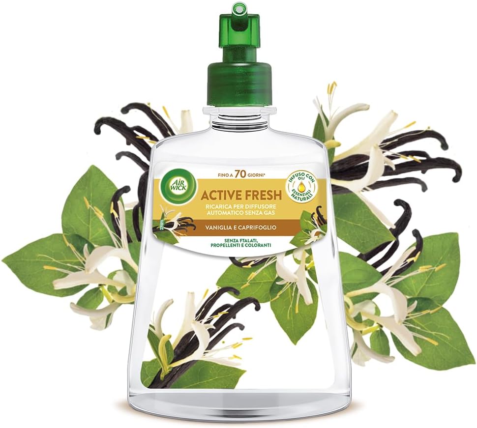 Airwick Active Fresh: Ricariche per Diffusore Automatico Senza Gas, Vaniglia e Caprifoglio (Confezione da 1, 228 ml)