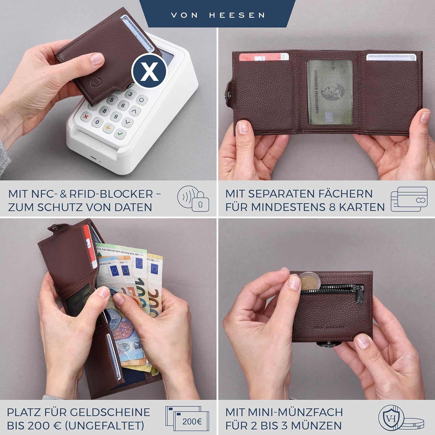 Thumbnail 1 de VON HEESEN Slim Wallet mit Münzfach & RFID-Schutz – kompakte Leder-Geldbörse braun