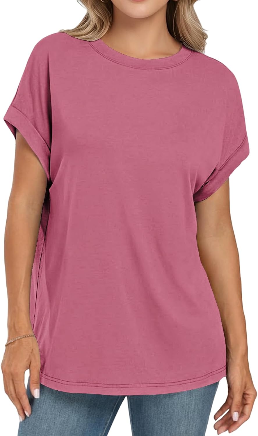 Detalle 2 de Cuptacc Damen Oversize T-Shirt mit Rundhalsausschnitt und Flügelärmel – Kurzarm Sommer Casual