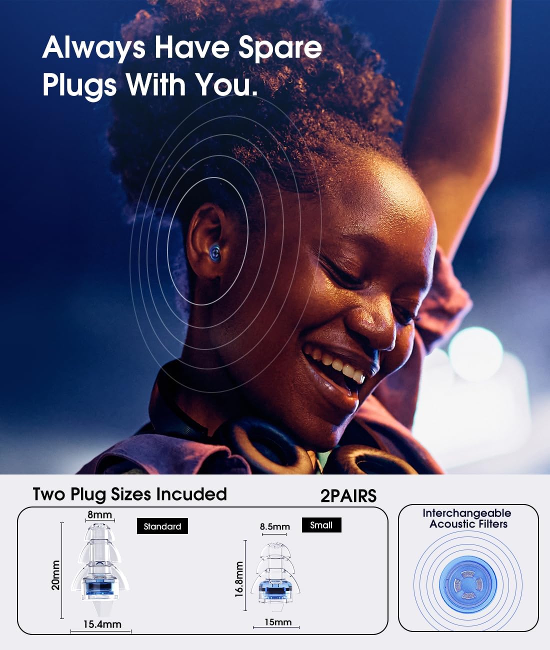 Detalle de Hearprotek Concert Ear Plugs: 2 Pairs of High-Fidelity, 20 dB Noise-Reduction Ear Protection