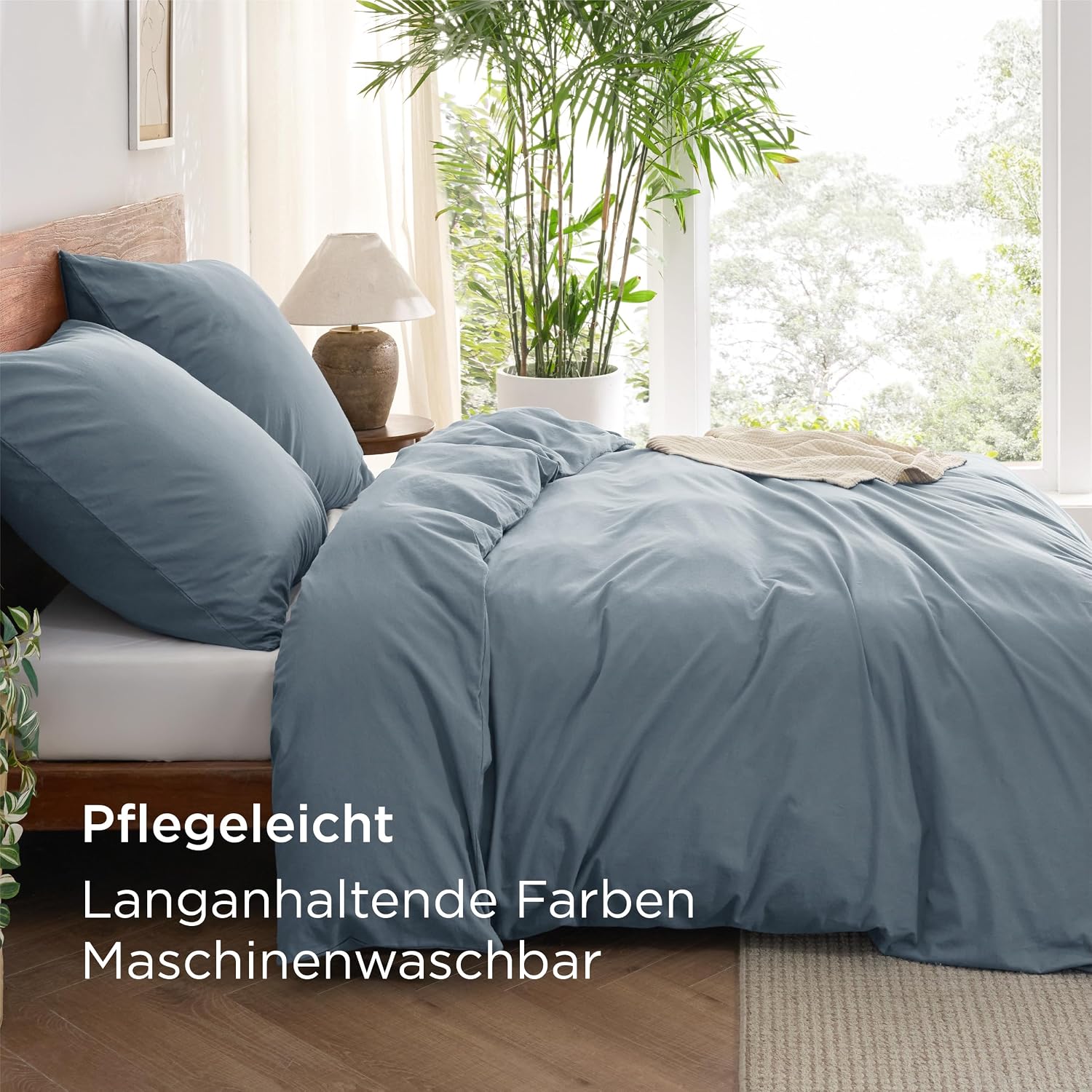 Detalle 2 de BEDSURE Bettwäsche 155x220 cm aus Baumwolle, 3-teilig – Sommer-Set in Graublau, Wasch-Leinen-Textur, 100% gekämmte Baumwolle, mit Reißverschluss
