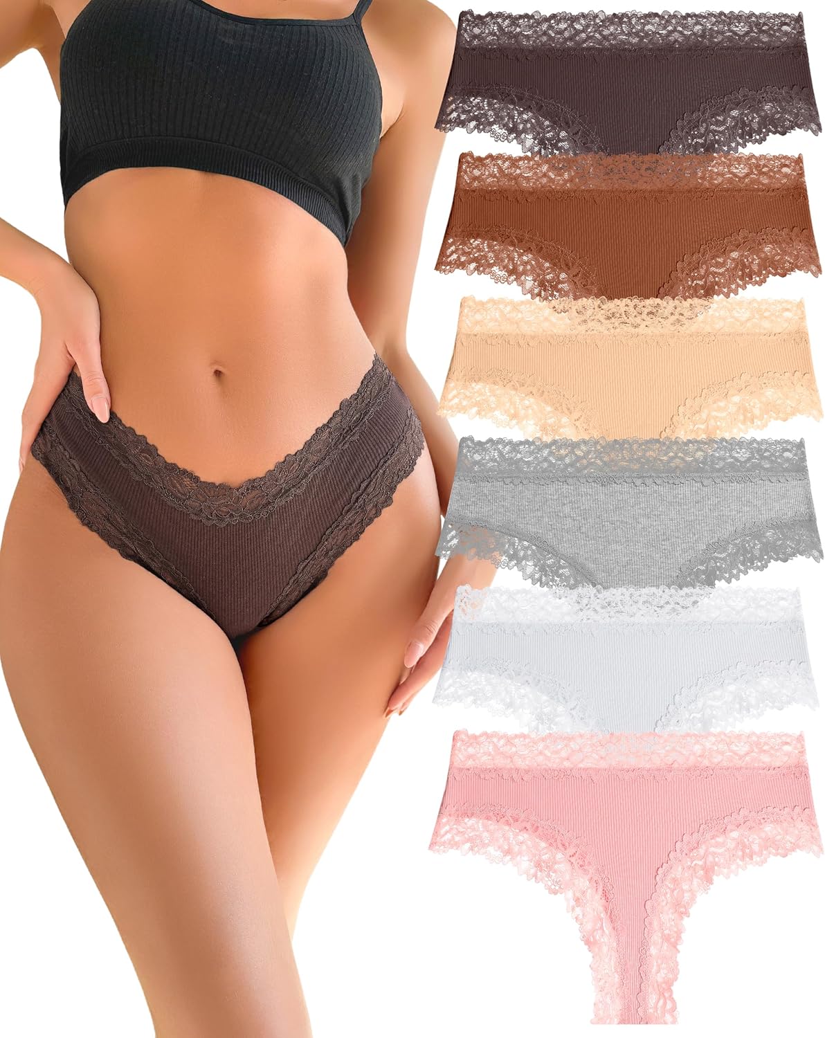 Thumbnail 6 de FINETOO Damen Brazilian-Slip Unterhosen aus Baumwolle mit Spitze – Mehrpack (6)