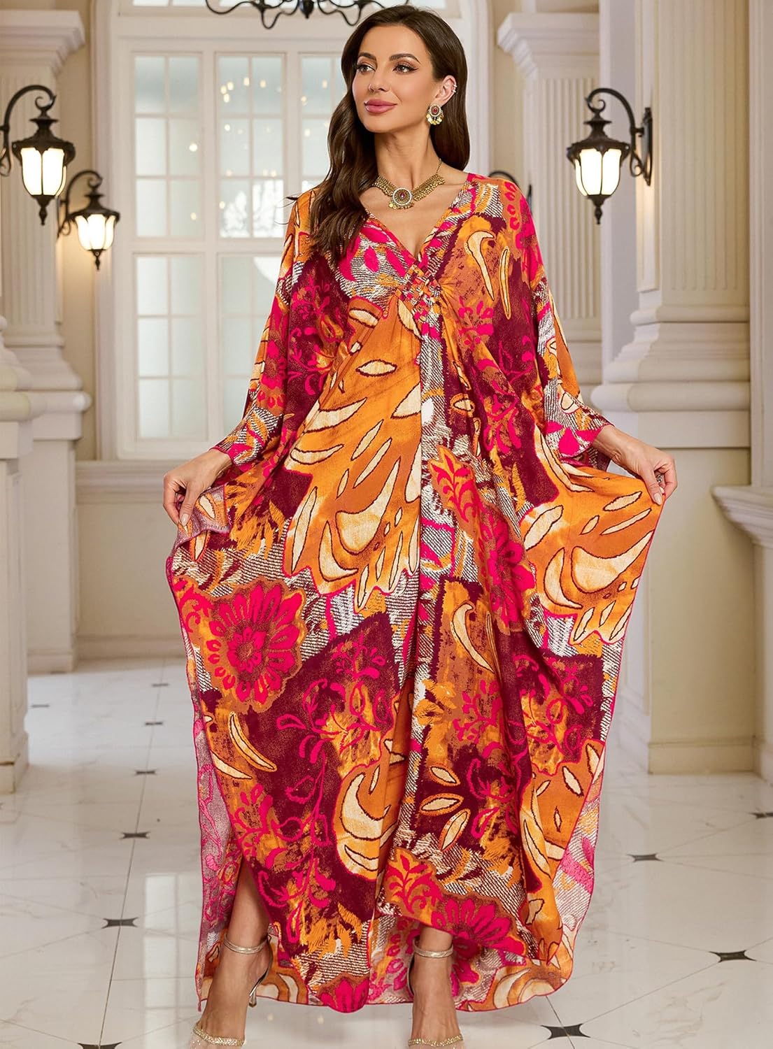Detalle 2 de Yanziliu Plus Size Kaftan Dress: Floral V-Neck Beach Cover Up