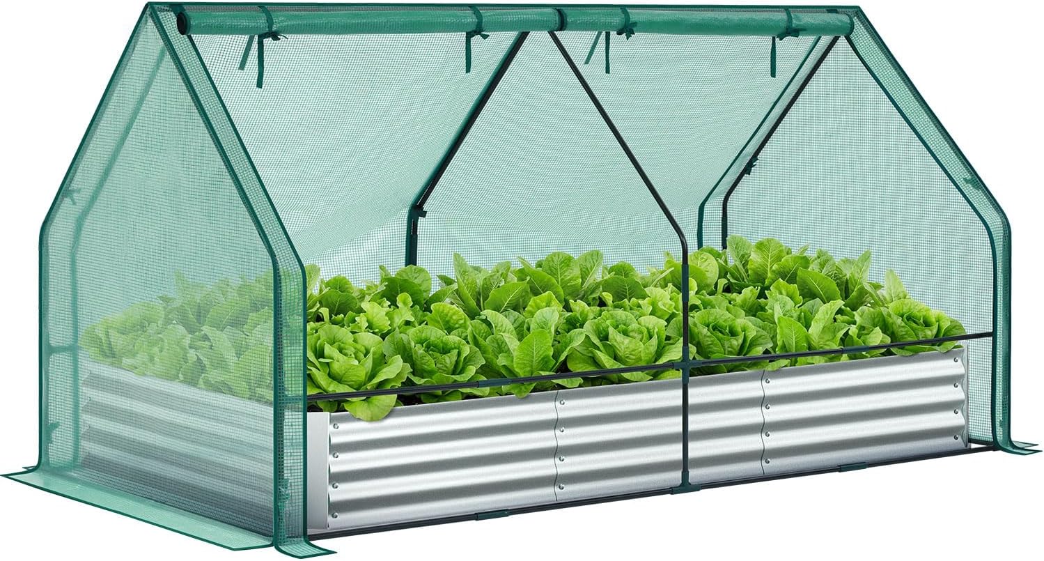 Detalle de Ohuhu GGH-20 Raised Garden Bed with Cover, Galvanized Steel, 8 × 4 × 1 ft