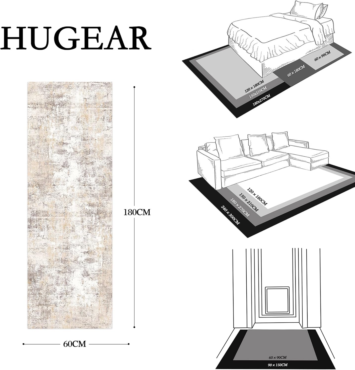Detalle de HUGEAR waschbarer Kurzflor-Gegendteppich 150 x 210 cm – Beige/Grau mit abstraktem Muster