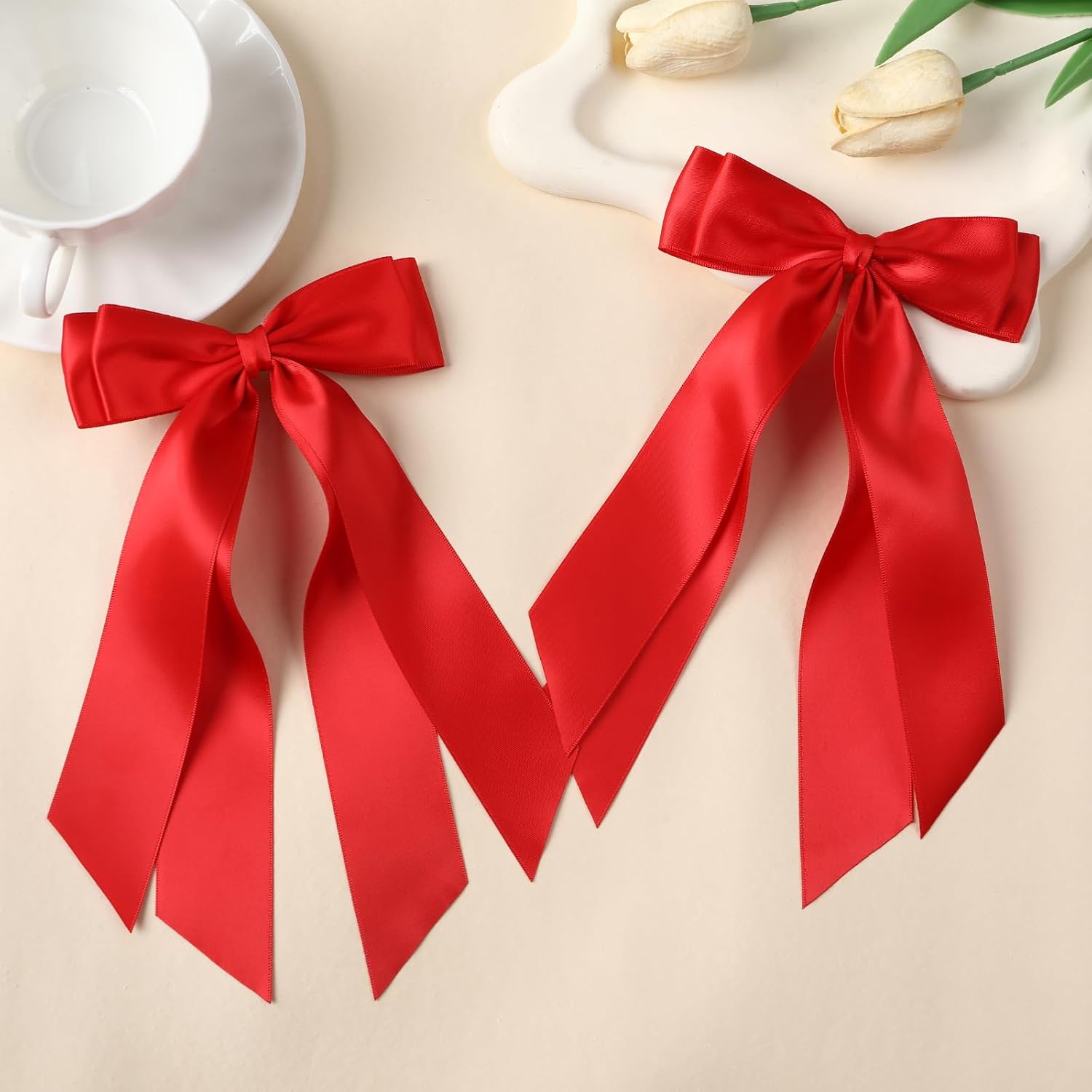 Detalle 2 de LuSeren Double-Layer Satin Hair Bows, Red Alligator Clip Set
