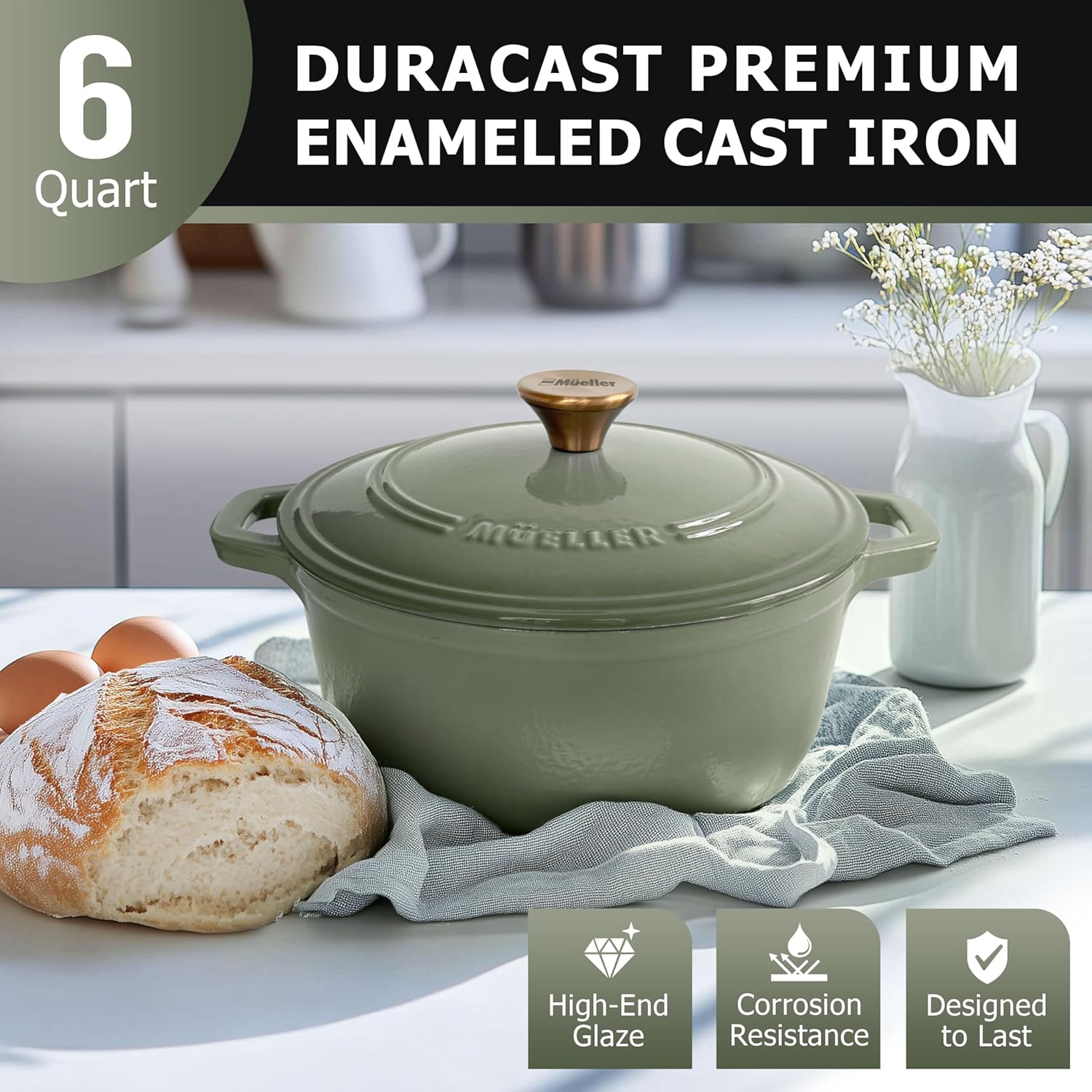 Thumbnail 1 de Mueller Home 6 Quart Enameled Cast Iron Dutch Oven (Thyme Green) for Sourdough & Everyday Cooking