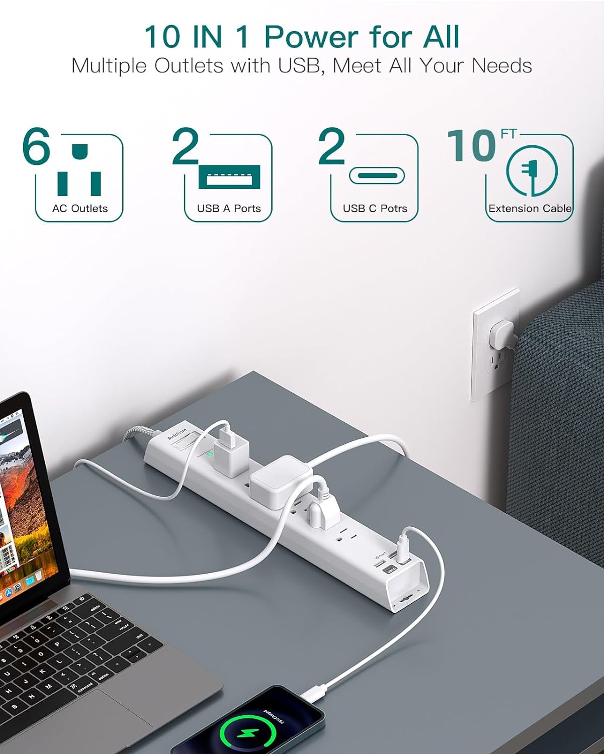 Detalle de Extension Cord 10 ft Power Strip with 6-Outlets 2 USB-C 🔌