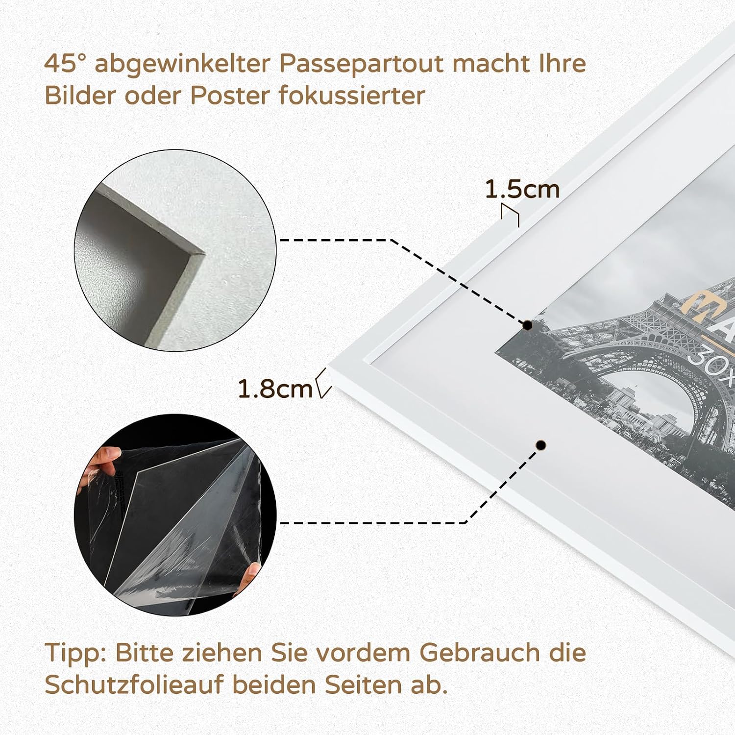 Detalle 2 de Walasis Bilderrahmen 30x40 cm Weiß (3er-Set) mit Acrylglas – Holzrahmen für Poster & Collagen