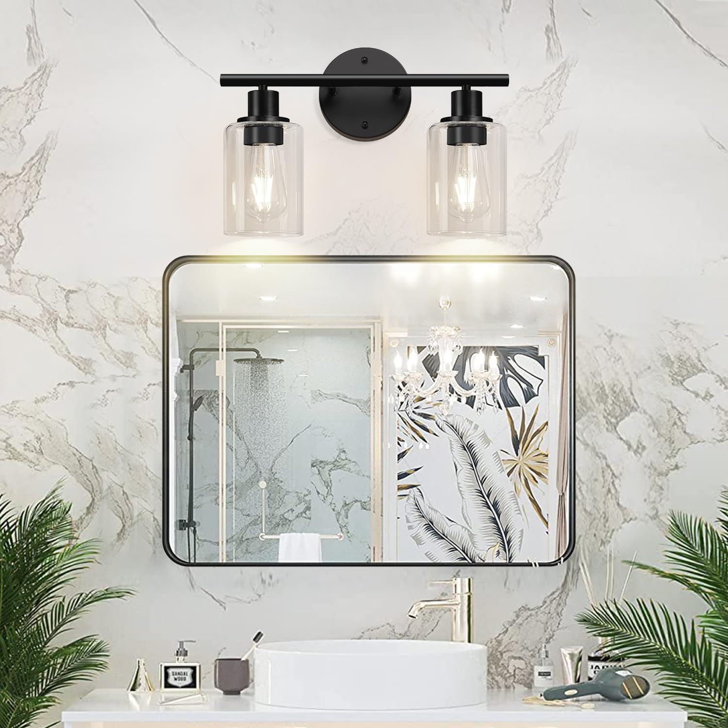 Detalle 2 de Zarbitta LTW077 2-Light Vanity Light, Matte Black with Clear Glass Shades