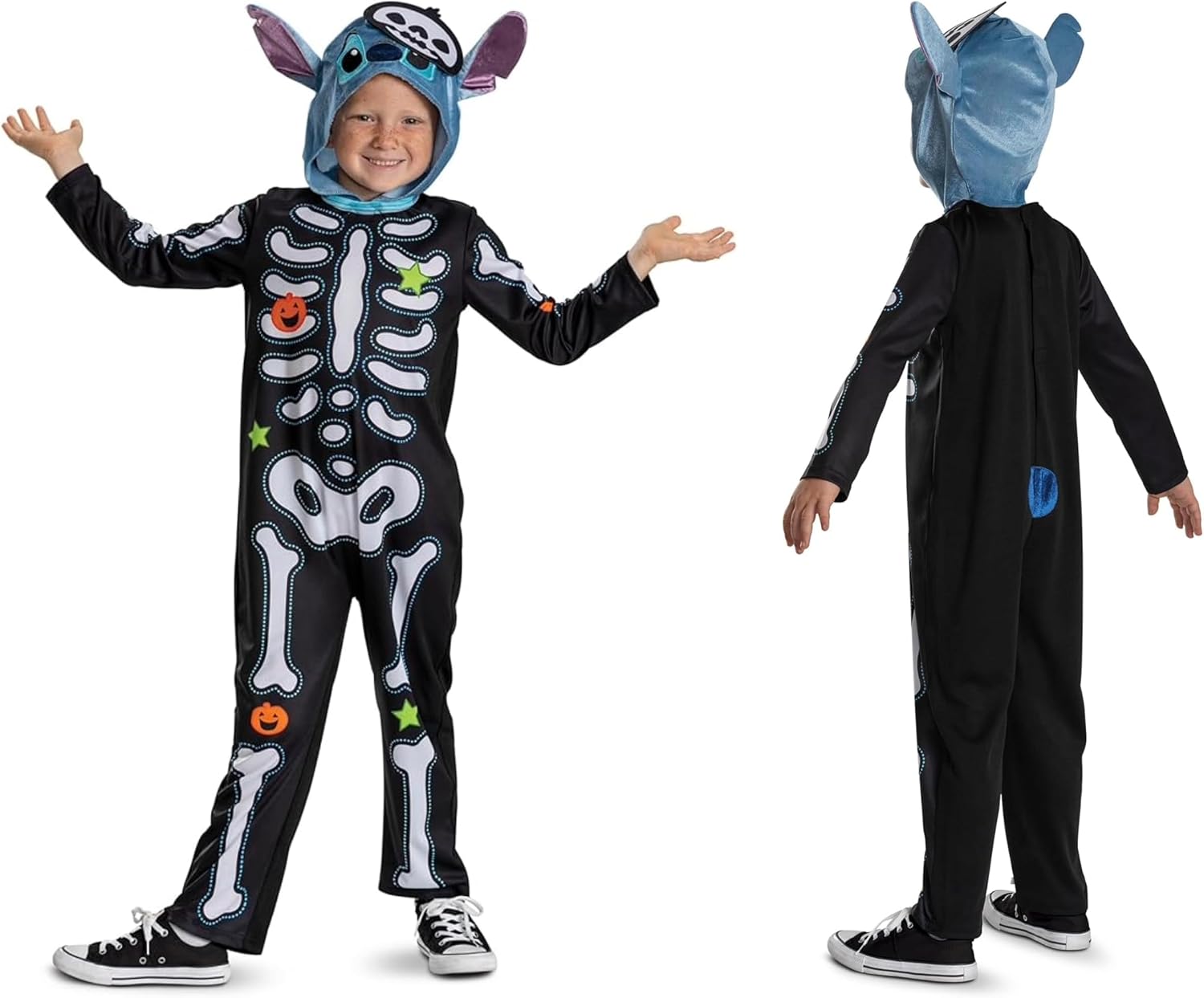 Detalle de Disney Stitch klassiek skeletkostuum voor kinderen met capuchon en kleurrijke print