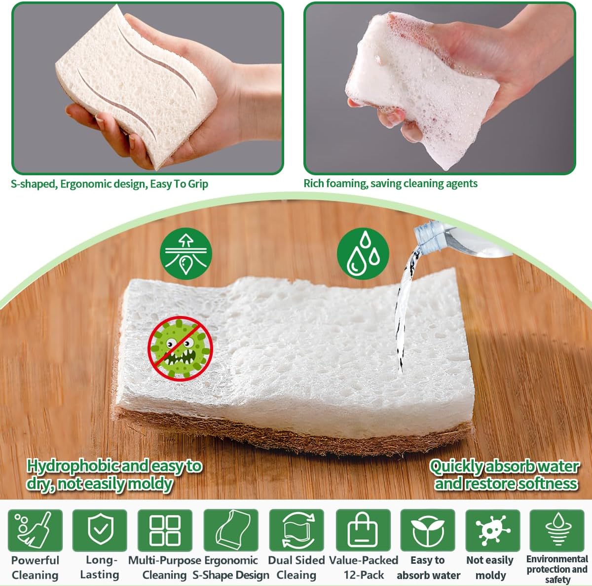 Detalle de Sponges Kitchen Natural Dish Sponge – Plant-Based, Biodegradable & Compostable (Pack of 12)