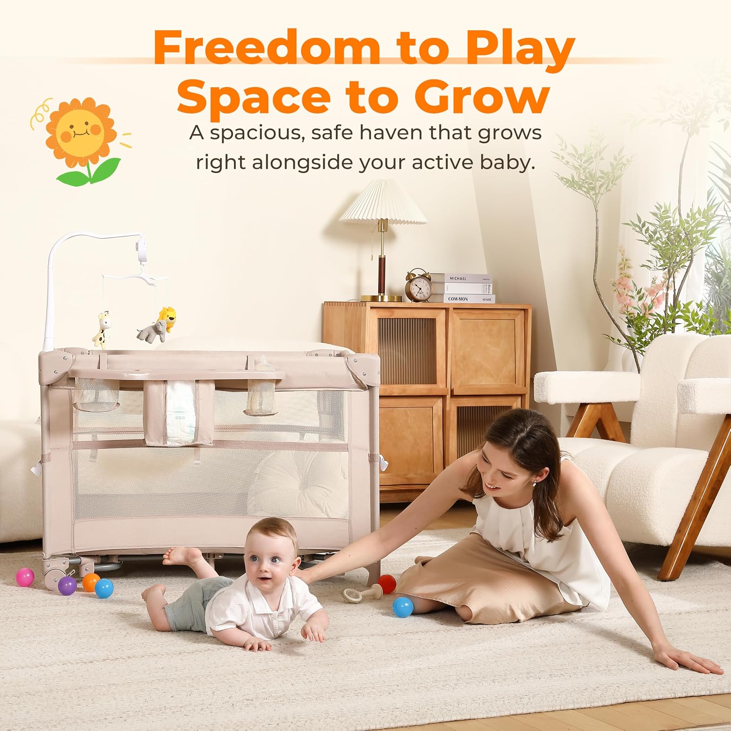 Detalle 2 de Dapue 4-in-1 Baby Playard, Beige Portable Crib with Breathable Mesh