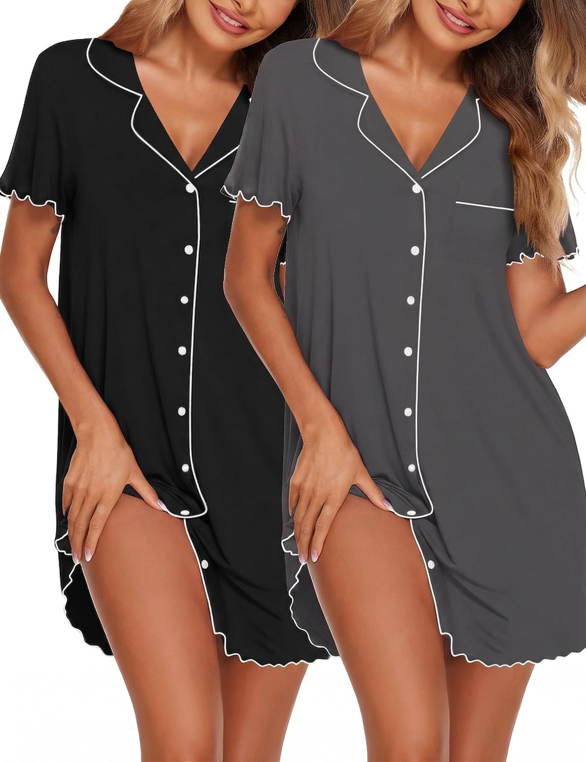 Thumbnail 6 de Ekouaer Camicia da Notte Donna Estiva in Due Pezzi con Bottoni e Scollo a V
