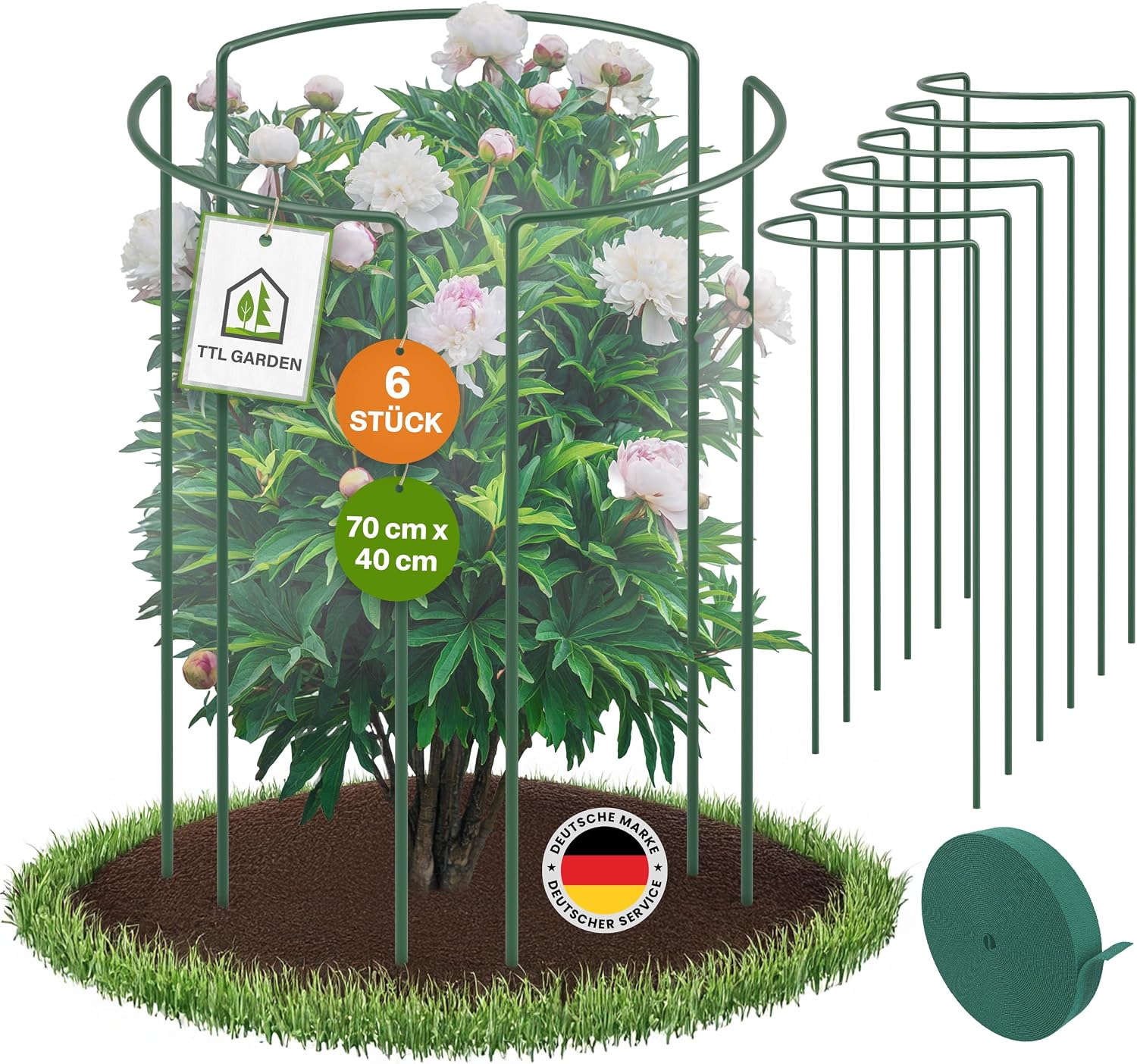 Detalle de TTL GARDEN Strauchstützen 70 cm x 40 cm – 6er Set mit Klettband, rostfreier Stahl, grün