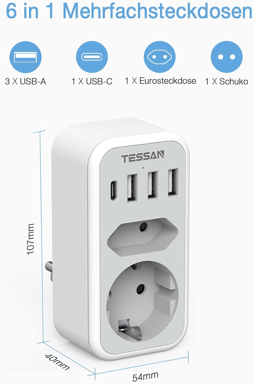Thumbnail 1 de TESSAN USB-C-wandcontactdoos met 2 stopcontacten en 4 USB-poorten