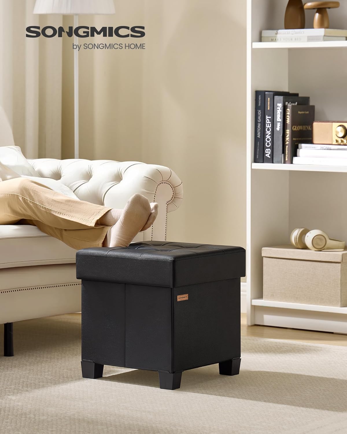 Detalle de Pouf Contenitore SONGMICS Cassapanca con Gambe 38 x 38 x 40 cm, 37 L, Nero Inchiostro (LSF0512B02)