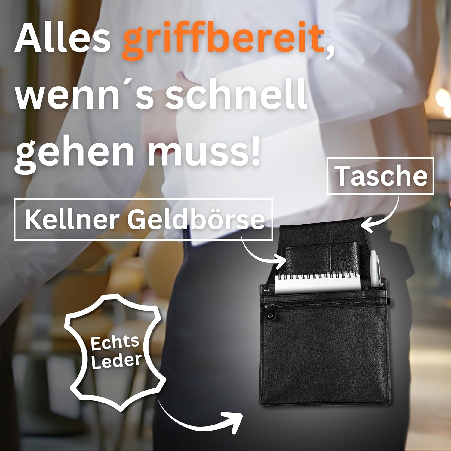 Detalle 2 de Kellnerset aus Echtleder – Kellner Geldbörse mit 6 Scheinfächern & Premium Kellnertasche