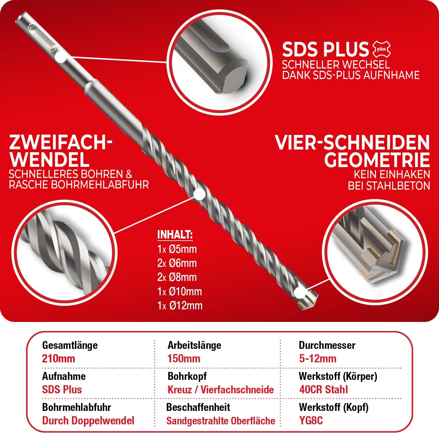 Thumbnail 2 de SCHWABENBACH Set Punte Trapano SDS Plus 7 Pezzi Ø 5/6/8/10/12 mm x 210 mm – Compatibile con Bosch