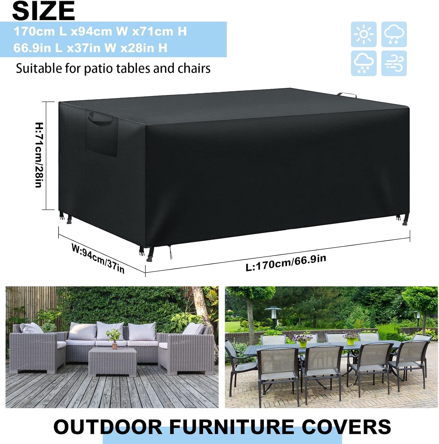 Thumbnail 2 de WUAYAMI Gartenmöbel-Abdeckung aus 420D Oxford-Gewebe, wasserdicht & winddicht, 170×94×71 cm, Schwarz