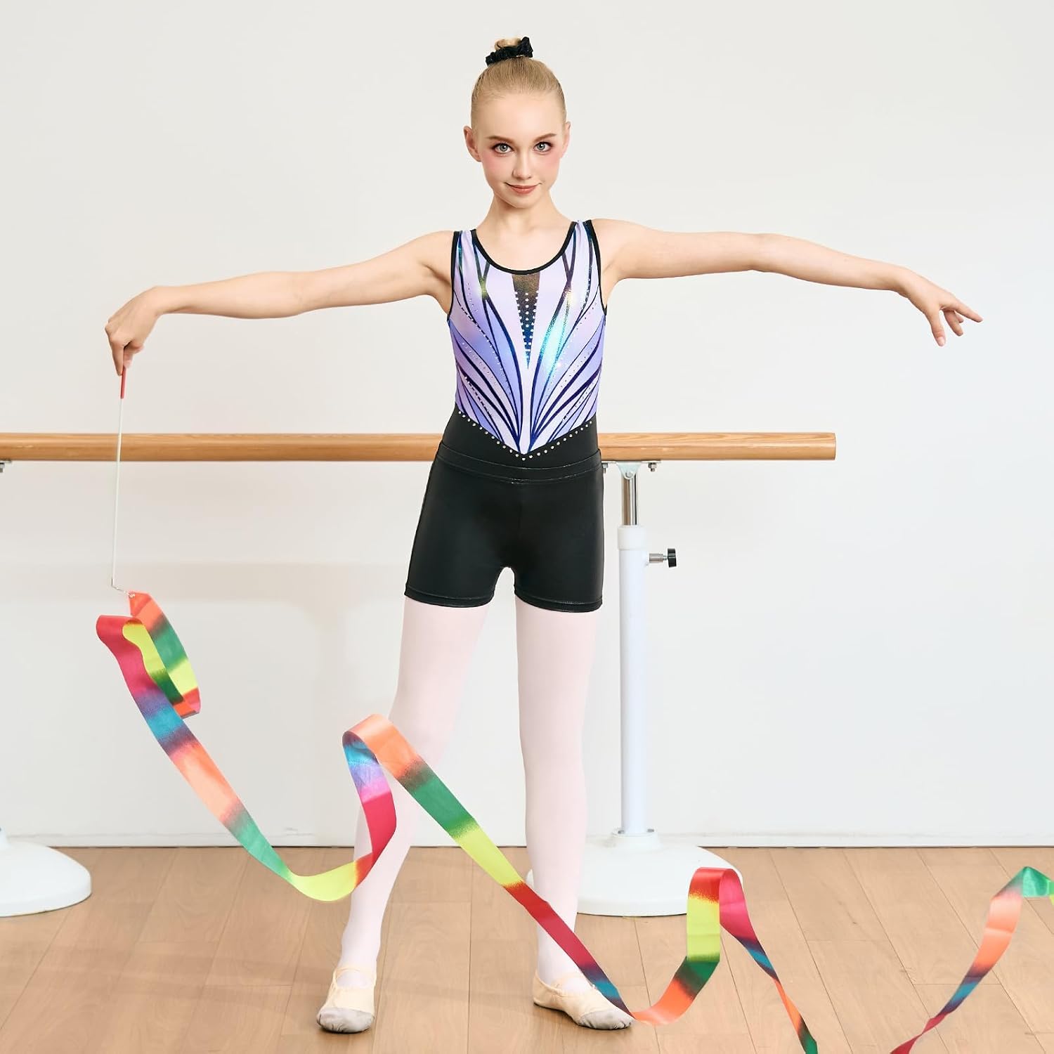 Thumbnail 1 de JiAmy gymnastikdräkt för flickor med glitter, shorts och scrunchie, 3 delar
