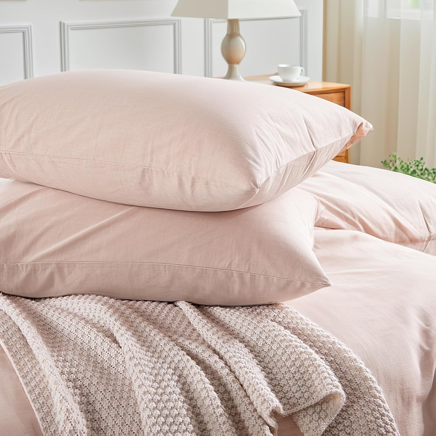 Detalle 2 de NEXHOME PRO Queen Linen-Look Washed Cotton Duvet Cover Set (Greyish Light Pink) with Zipper Closure