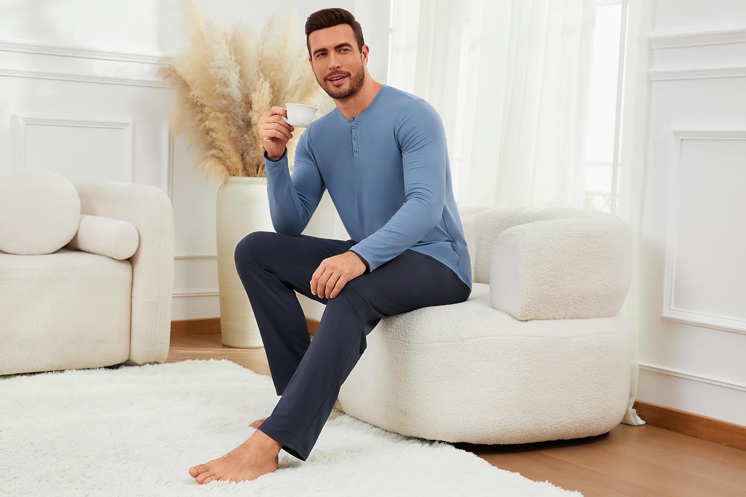 Detalle de Uniexcosm Pyjama Homme Hiver en coton à manches longues — Ensemble deux pièces