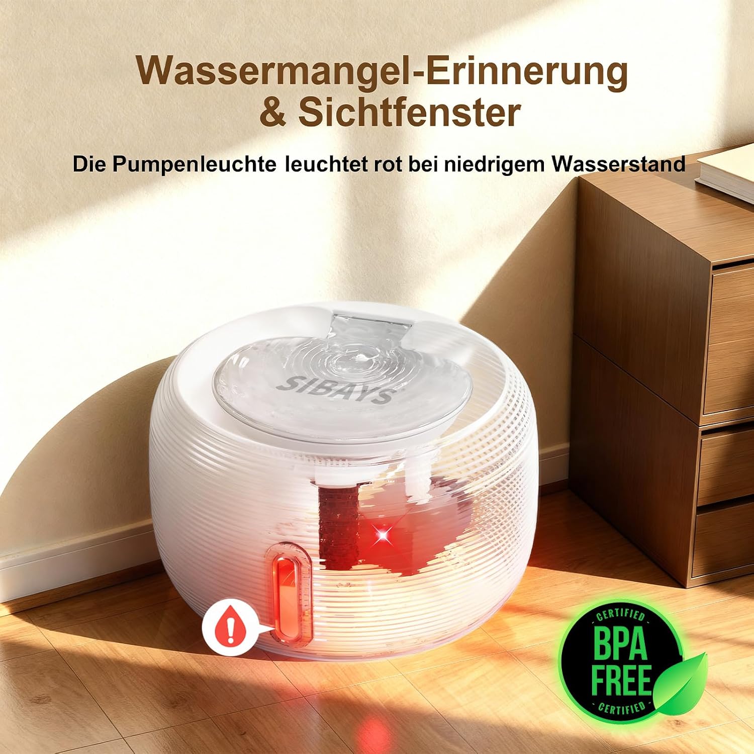 Detalle de SIBAYS Katzen-Trinkbrunnen mit 3,5 l, ultraleiser Pumpe (<25 dB) und LED-Fenster (FS77, BPA-frei)
