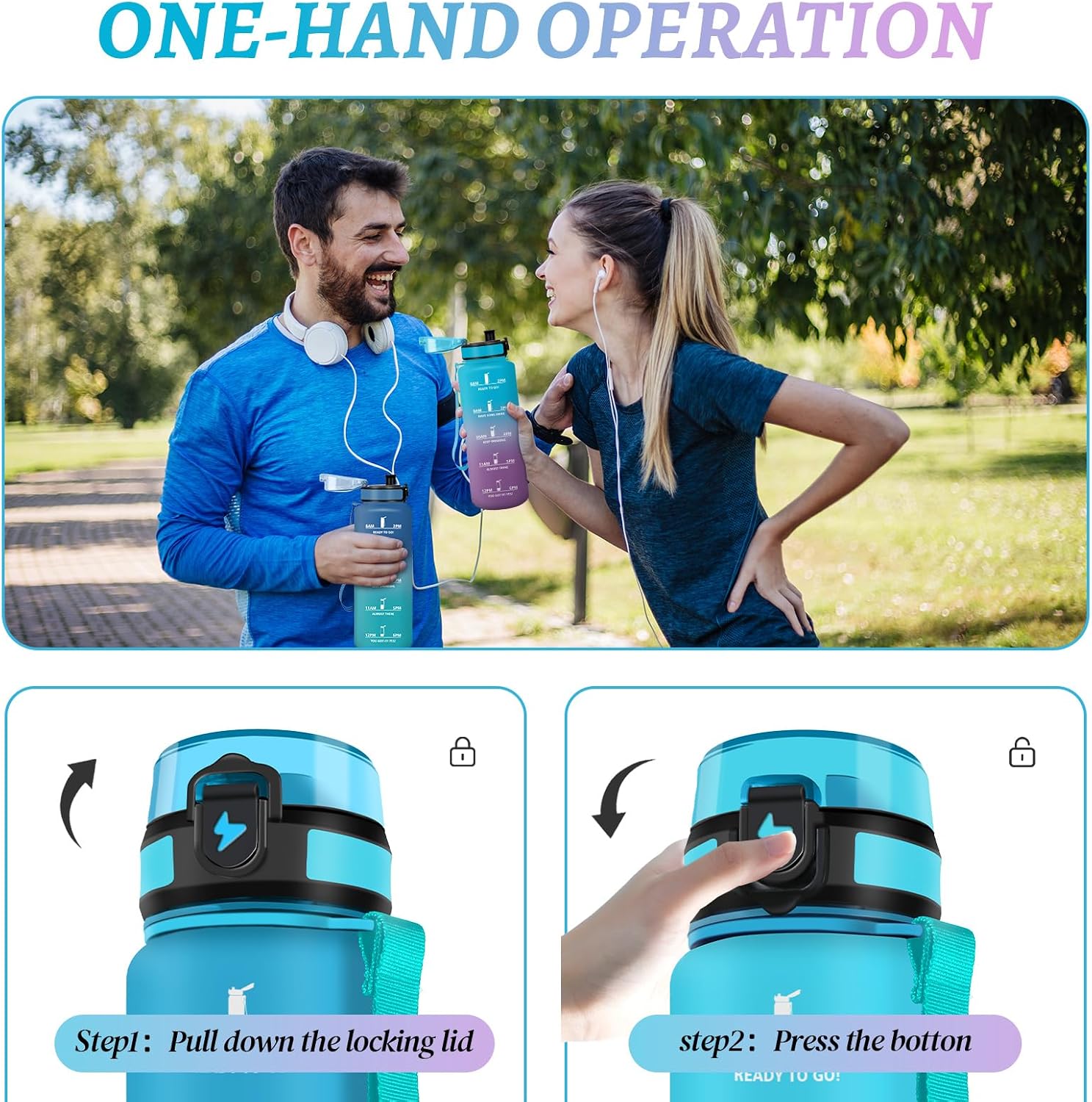 Detalle de Mulbijeo Gourde de sport réutilisable 1,5 L étanche, design anti-fuites et motivant
