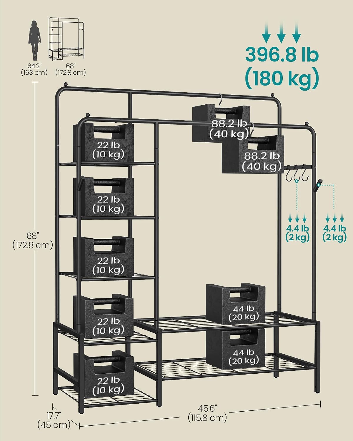 Thumbnail 1 de SONGMICS Heavy Duty Clothes Rail with 7 Shelves and Double Hanging Rods (HSR182B01)