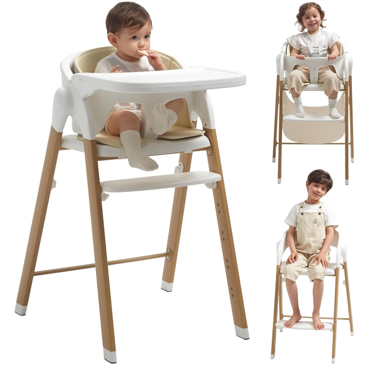 Detalle de KUB Foldable Baby High Chair, White with Wood-Print Metal Frame